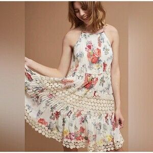 RANNA GILL M Women's Dress Floral Crochet Trim Boho Coquette Feminine Romantic